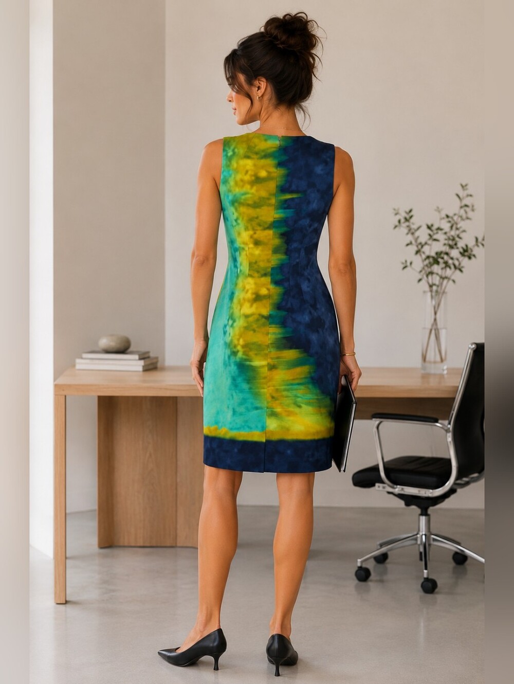 Elie Tahari Colorblock Sheath Dress Watercolor Print Sleeveless Cotton Blend 10 - Picture 3 of 16